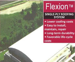 an advertisement for flexion single-ply roofing system