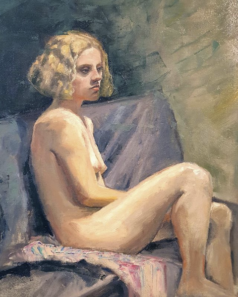 Image in the before and after gallery. The final portrait painting by California artist John Kosta's entitled Nude Seated on Bench.
