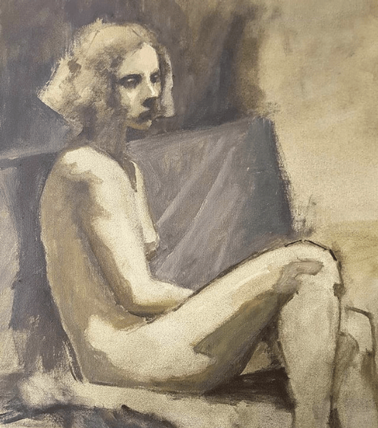 Image in the before and after gallery. The photograph used to create California artist John Kosta's  portrait entitled Nude Seated on Bench.