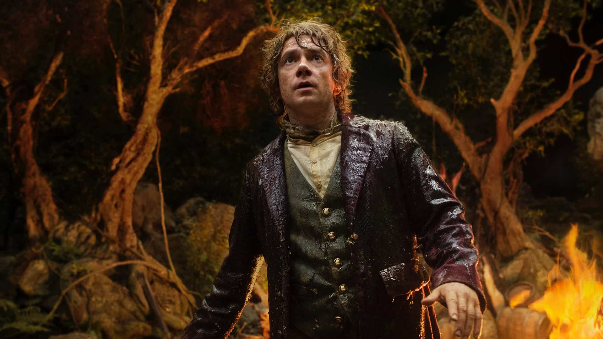 A man in a suit is standing in front of a fire in a forest.