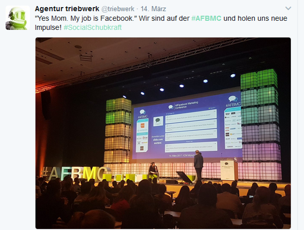 Die Agentur triebwerk twittert von der Allfacebook Marketing Conference 2017 und nutzt dafür den Hashtag #AFBMC. Die Agentur triebwerk twittert von der Allfacebook Marketing Conference 2017 und nutzt dafür den Hashtag #AFBMC.