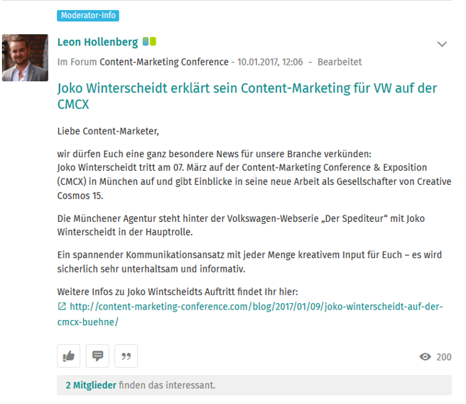 Die Ankündigung der CMCX ist eine der wenigen Gelegenheiten, bei denen Contilla in der Gruppe auf seine Leistungen aufmerksam macht. Auch dies ist sehr unaufdringlich, weil eine Eventankündigung etwas ist, von dem die Experten selbst profitieren. Die Ankündigung der CMCX ist eine der wenigen Gelegenheiten, bei denen Contilla in der Gruppe auf seine Leistungen aufmerksam macht. Auch dies ist sehr unaufdringlich, weil eine Eventankündigung etwas ist, von dem die Experten selbst profitieren.