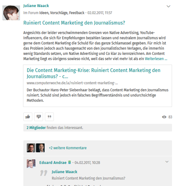 In der Gruppe „Content-Marketing“ auf Xing kommen Unternehmen, die sich für das Thema interessieren, und Lösungsanbieter unverkrampft zusammen, um sich zu Themen auszutauschen.