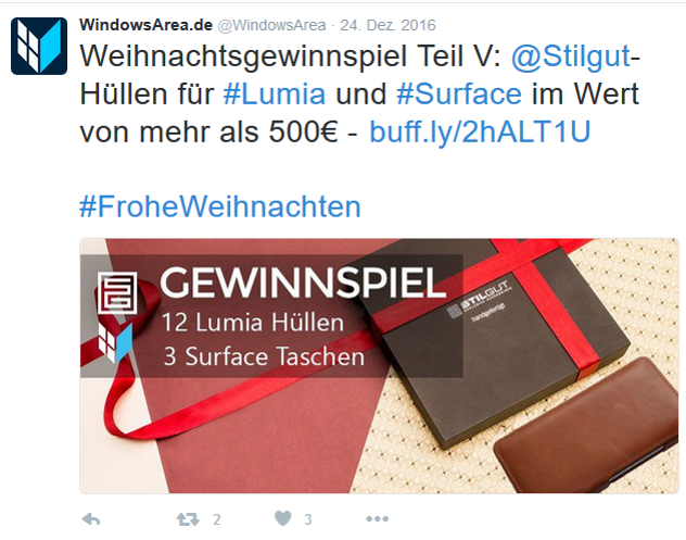 Das Online-Magazin WindowsArea.de weckt auf Twitter mit einer Gewinnspielkampagne die Vorfreude auf Weihnachten. Das Online-Magazin WindowsArea.de weckt auf Twitter mit einer Gewinnspielkampagne die Vorfreude auf Weihnachten.