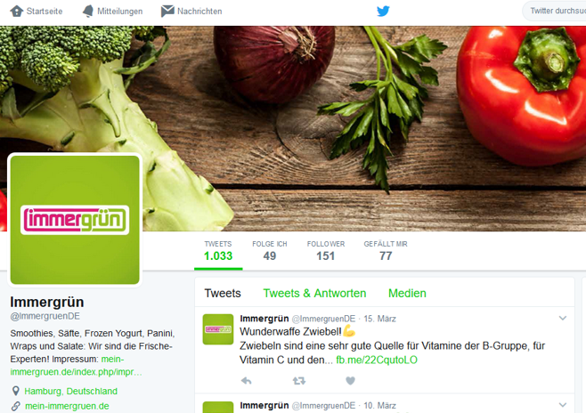 Der grüne und frische Twitter-Unternehmensauftritt des Immergrün-Lokals aus Hamburg. Der grüne und frische Twitter-Unternehmensauftritt des Immergrün-Lokals aus Hamburg.