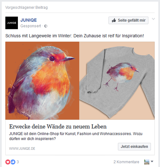 Vorgeschlagener Beitrag, also eine Werbeanzeige von JUNIQUE auf Facebook. Vorgeschlagener Beitrag, also eine Werbeanzeige von JUNIQUE auf Facebook.