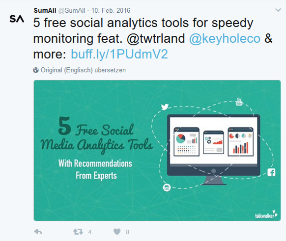 So teilt Sum All Fremdcontent auf Twitter: wenn möglich mit der Erwähnung des Twitterusers, von dem der Content geteilt wird. So teilt Sum All Fremdcontent auf Twitter: wenn möglich mit der Erwähnung des Twitterusers, von dem der Content geteilt wird.