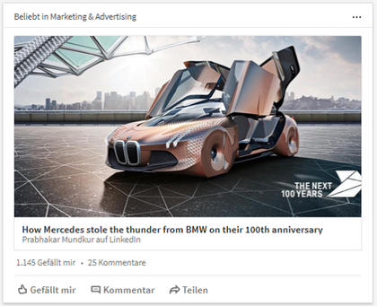 Ein LinkedIn-Blogartikel, der an der Zeile unter der Überschrift zu erkennen ist – „Name des Autors“ auf LinkedIn. Passenden Nutzern wird er in deren Newsfeeds angezeigt. Ein LinkedIn-Blogartikel, der an der Zeile unter der Überschrift zu erkennen ist – „Name des Autors“ auf LinkedIn. Passenden Nutzern wird er in deren Newsfeeds angezeigt.