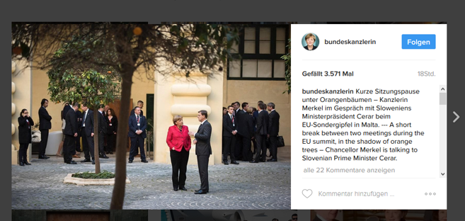 Bundeskanzlerin Angela Merkel trumpft auf Instagram auch mit seriöserem Tonfall. Bundeskanzlerin Angela Merkel trumpft auf Instagram auch mit seriöserem Tonfall.