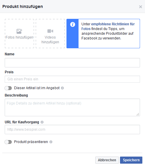 So lässt sich ein Produkt bei Facebook erstellen. So lässt sich ein Produkt bei Facebook erstellen.