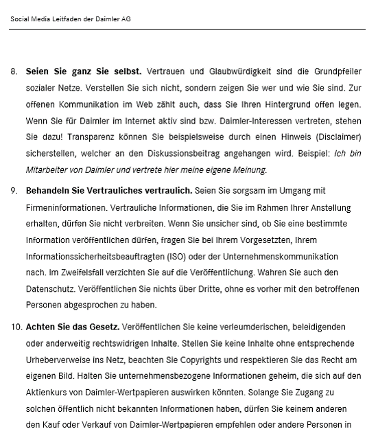 Auszug aus dem Social-Media-Leitfaden der Daimler AG. Auszug aus dem Social-Media-Leitfaden der Daimler AG.