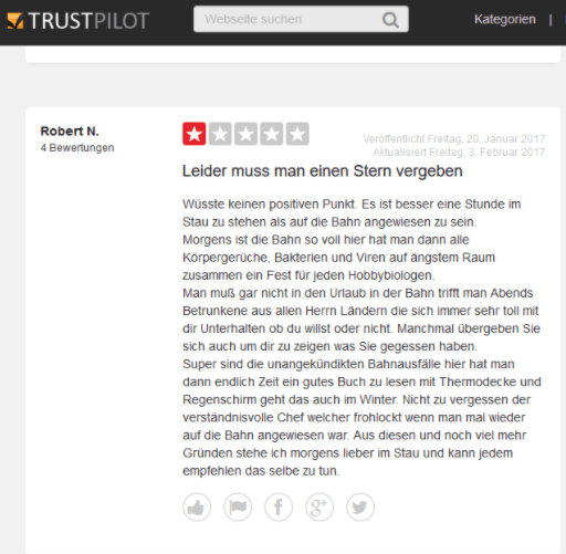 Ein negatives Feedback für die Deutsche Bahn auf Trustpilot. Ein negatives Feedback für die Deutsche Bahn auf Trustpilot.