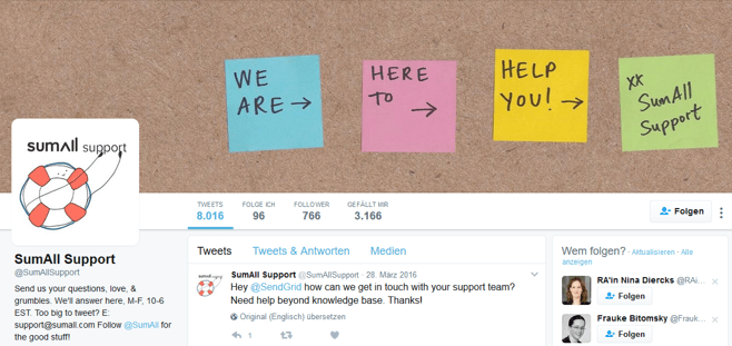 So ist das Support-Twitterprofil von SumAll gestaltet. Es ist direkt erkennbar, dass Nutzer hier mit Fragen und Feedback richtig sind. So ist das Support-Twitterprofil von SumAll gestaltet. Es ist direkt erkennbar, dass Nutzer hier mit Fragen und Feedback richtig sind.