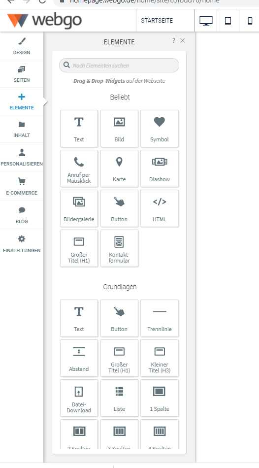 Webgo, Baukasten, Elemente