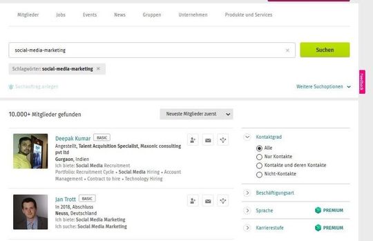 In der Mitglieder-Suche lassen sich XING-Mitglieder auffinden, die den Suchbegriff in ihrem Portfolio vermerkt haben. Natürlich lassen sich so interessante Mitarbeiter und geeignete Freiberufler finden, was für Unternehmen mit Recruiting-Bedarf sicherlich sehr interessant ist. In der Mitglieder-Suche lassen sich XING-Mitglieder auffinden, die den Suchbegriff in ihrem Portfolio vermerkt haben. Natürlich lassen sich so interessante Mitarbeiter und geeignete Freiberufler finden, was für Unternehmen mit Recruiting-Bedarf sicherlich sehr interessant ist.