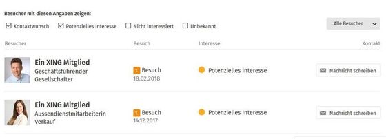 Hier werden Besucher mit Kontaktwunsch und potentiellem Interesse an der Dienstleistung angezeigt. Hätte der Seitenbetreiber die Professional-Variante, könnte er die Namen der Besucher sehen und diese auch direkt kontaktieren. Hier werden Besucher mit Kontaktwunsch und potentiellem Interesse an der Dienstleistung angezeigt. Hätte der Seitenbetreiber die Professional-Variante, könnte er die Namen der Besucher sehen und diese auch direkt kontaktieren.