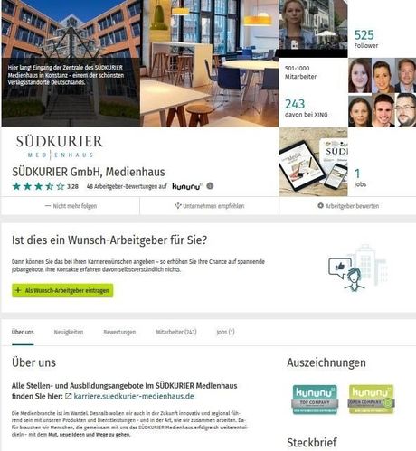 Das XING-Employer-Branding-Profil des SÜDKURIER Medienhauses. Das XING-Employer-Branding-Profil des SÜDKURIER Medienhauses.