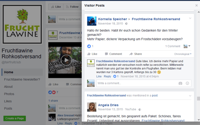 Eine Supportanfrage an das Unternehmen Fruchtlawine auf Facebook. Eine Supportanfrage an das Unternehmen Fruchtlawine auf Facebook.