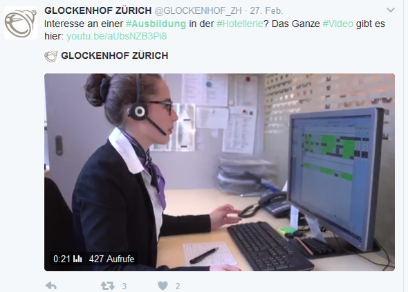 Der Glockenhof Zürich nutzt Twitter, um für eine Ausbildung in der Hotellerie zu werben. Der Glockenhof Zürich nutzt Twitter, um für eine Ausbildung in der Hotellerie zu werben.