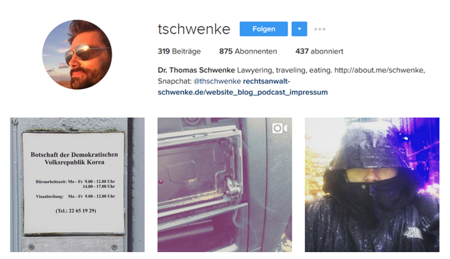 So präsentiert sich Rechtsanwalt Schwenke rechtssicher auf Instagram. So präsentiert sich Rechtsanwalt Schwenke rechtssicher auf Instagram.