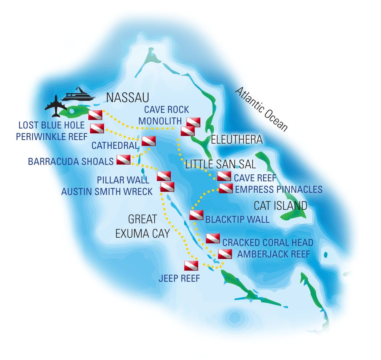 Map of the Bahamas showing dive sites, including Nassau, Eleuthera, and Exuma Cay, marked with dive flags.