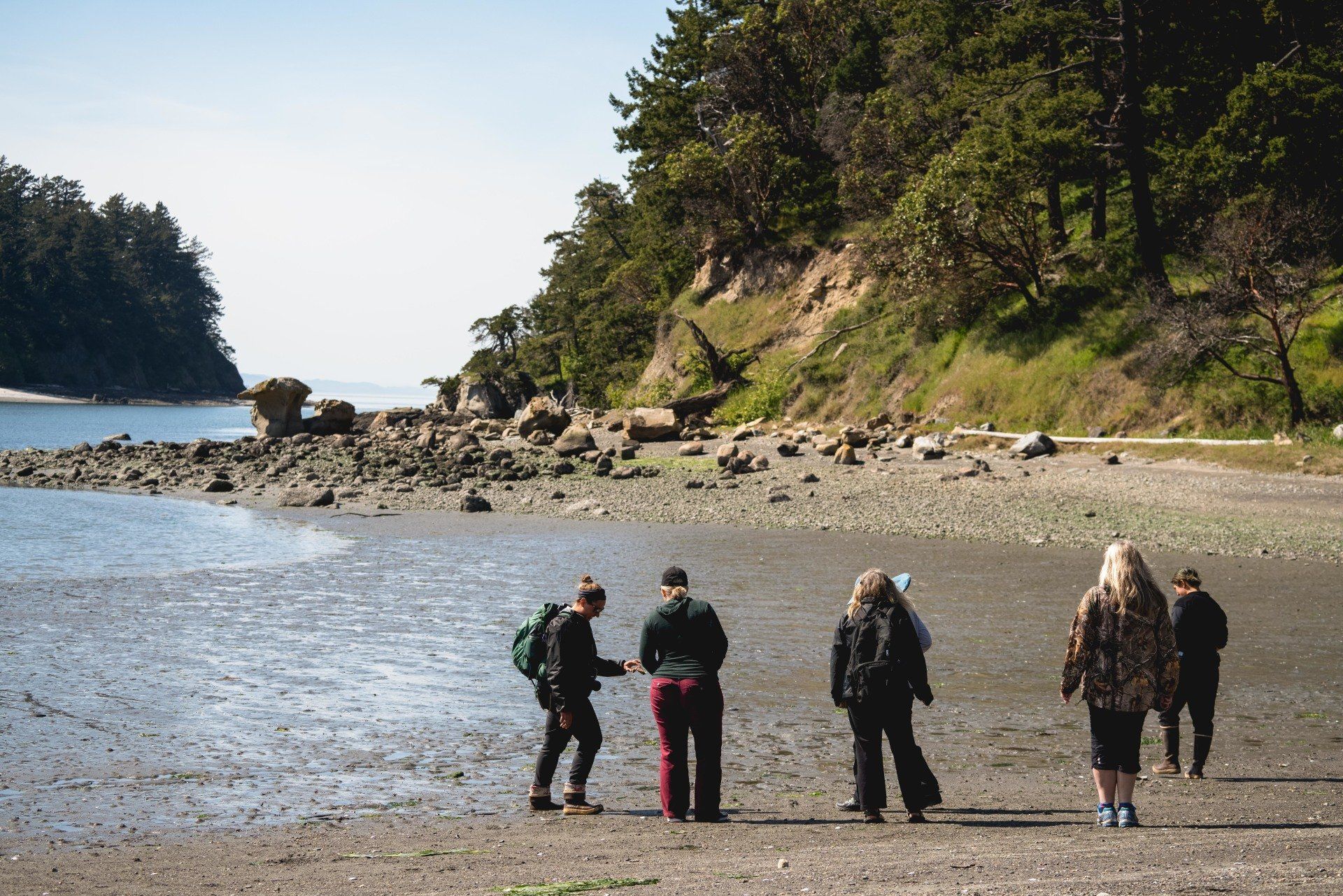 People walking on a muddy beach towards a rocky shoreline, trees on a bluff in the background.