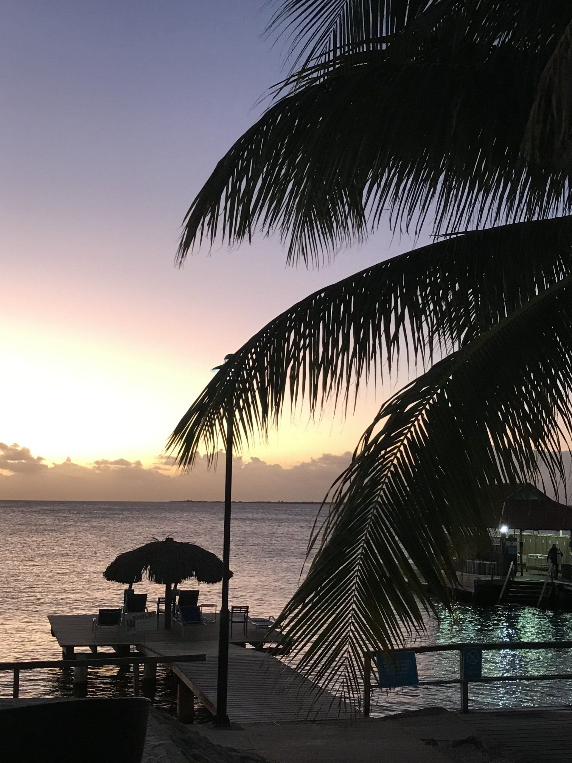 Sunset over ocean with pier, thatched umbrella, palm leaves silhouetted.