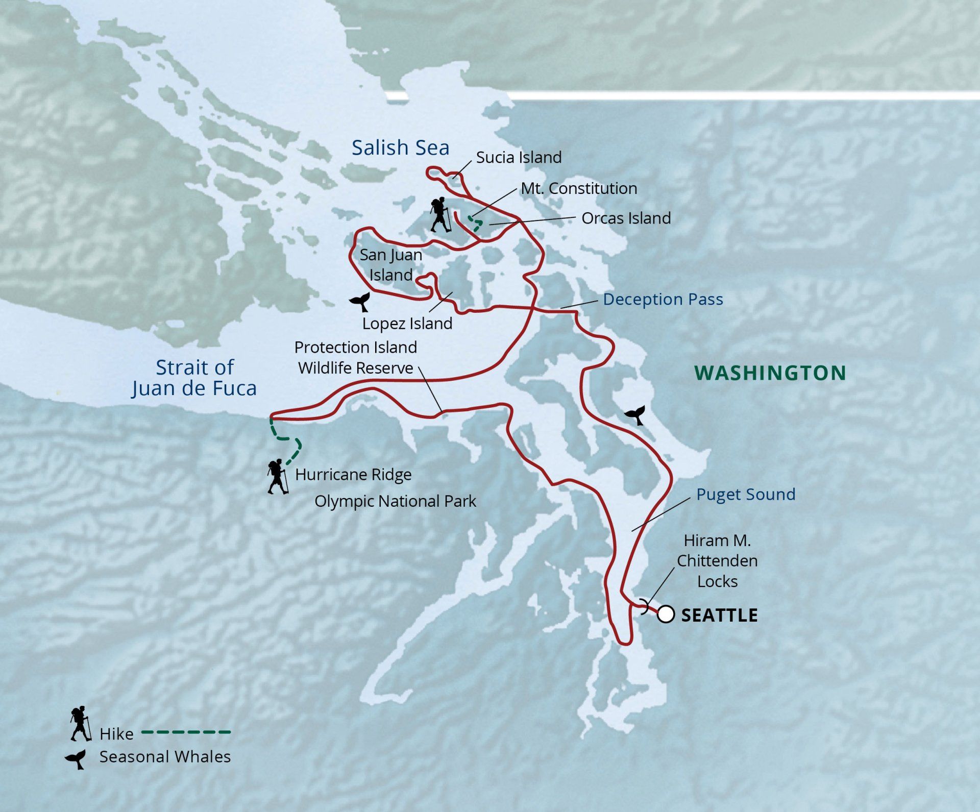 Map of Washington state with a hiking trail highlighted in red along the coast and islands.