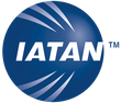 Iatan logo, white text on blue sphere with white streaks.