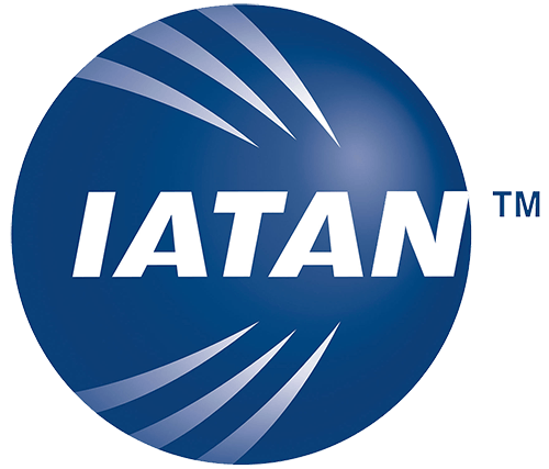 Iatan logo: white letters on blue sphere, with stylized streaks.