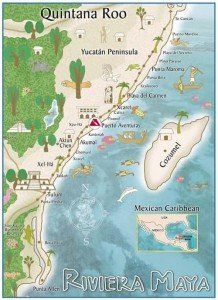 Map of Quintana Roo, Mexico, highlighting Riviera Maya and Caribbean coastline with key towns and attractions.
