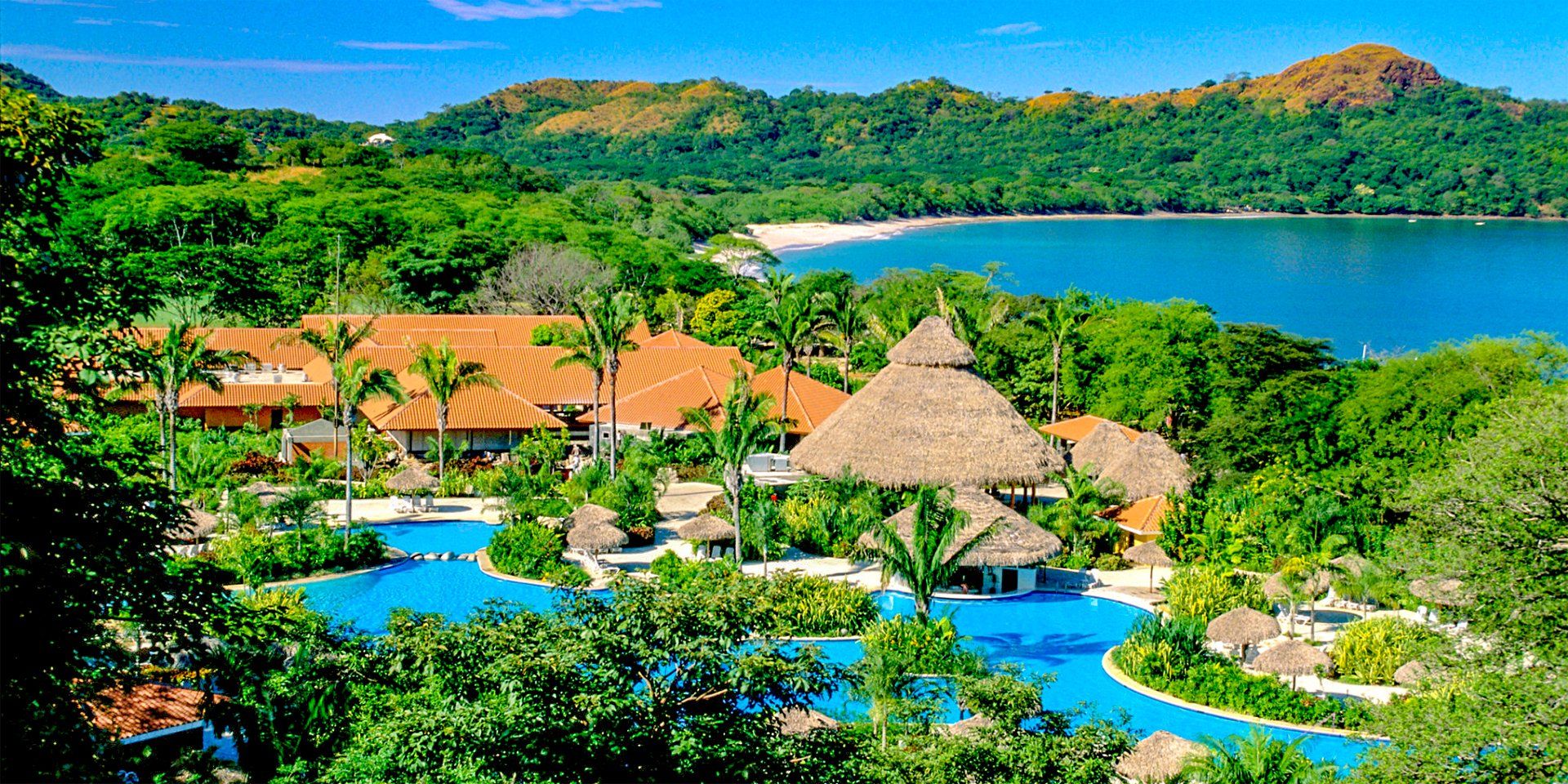 Tropical resort with pool, ocean, and lush green vegetation under a bright blue sky.