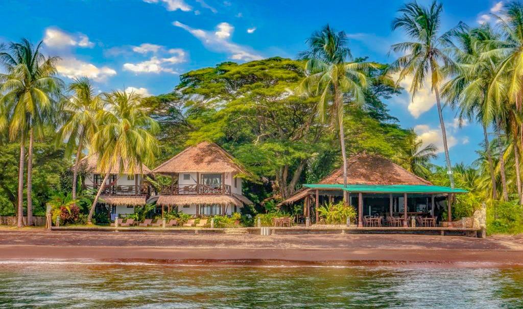 Tropical beachfront buildings with thatched roofs, palm trees, and ocean under a blue sky.