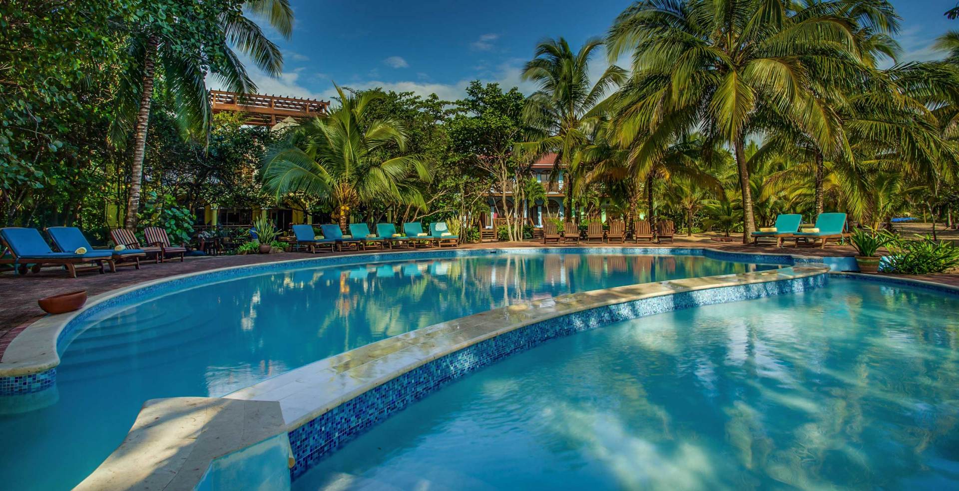 Swimming pool surrounded by lounge chairs, palm trees, and lush greenery under a blue sky.