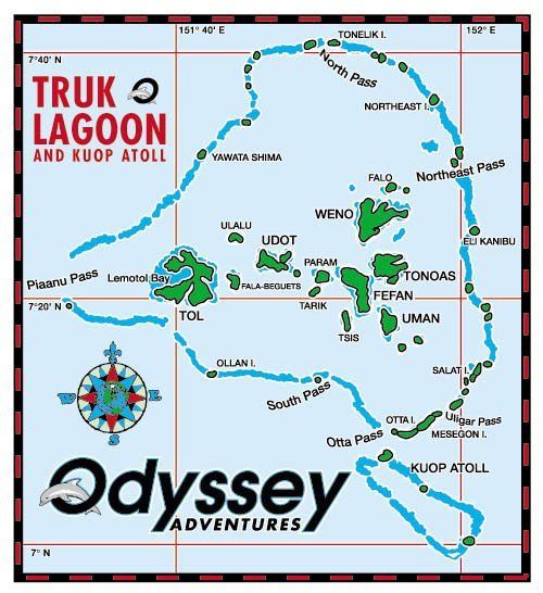 Map of Truk Lagoon and Kuop Atoll, highlighting islands and dive sites, with a compass rose and 