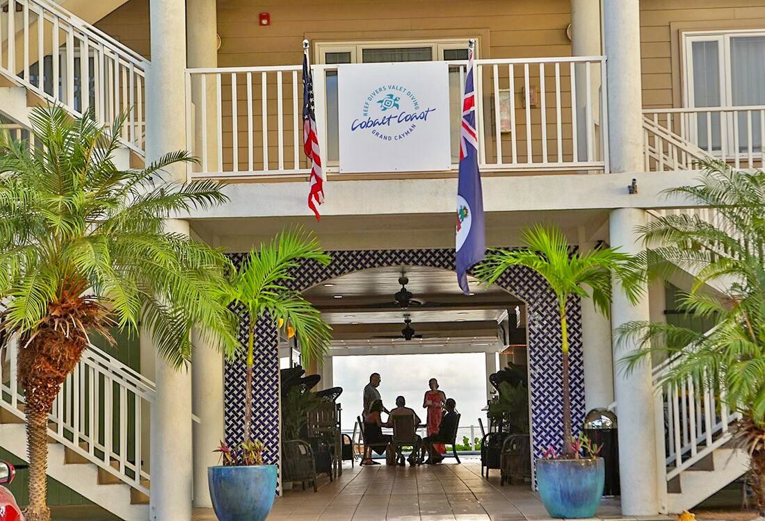 Entrance to a building with flags, palm trees, and people at outdoor tables.