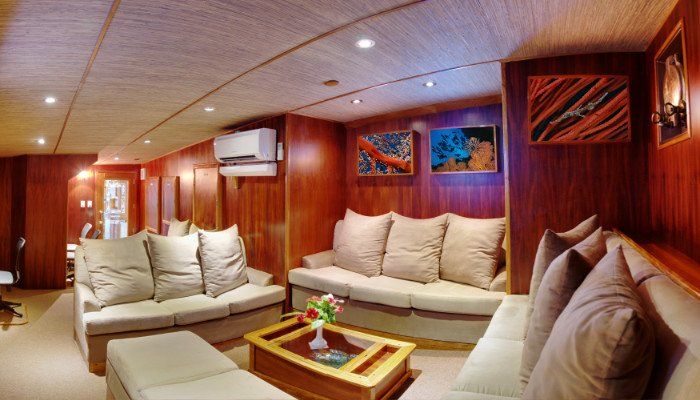 Cozy lounge with beige sofas, wooden paneling, and wall art. Interior of a boat.