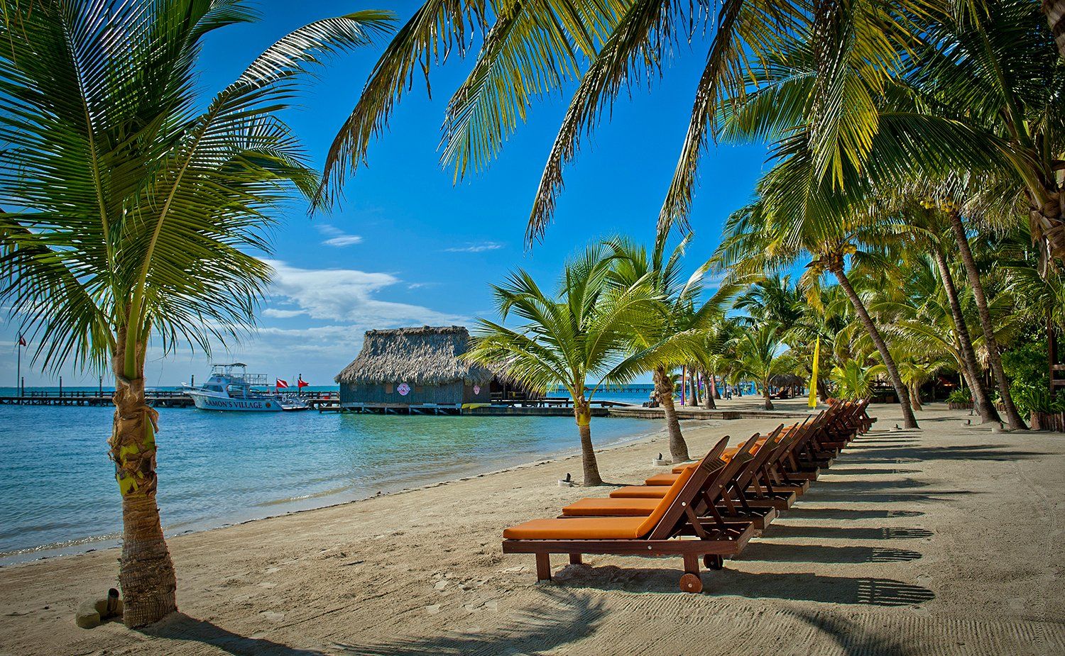 Beach with palm trees, lounge chairs, and building over the water; blue sky and water.