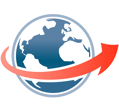 Blue globe with a red arrow circling it, suggesting global movement or progress.