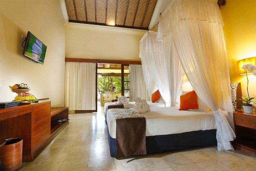 Bedroom with canopy bed, open door to patio, wood dresser, television on wall, Bali setting.