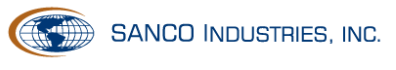 SANCO INDUSTRIES, INC. logo with blue globe icon and blue text on white background