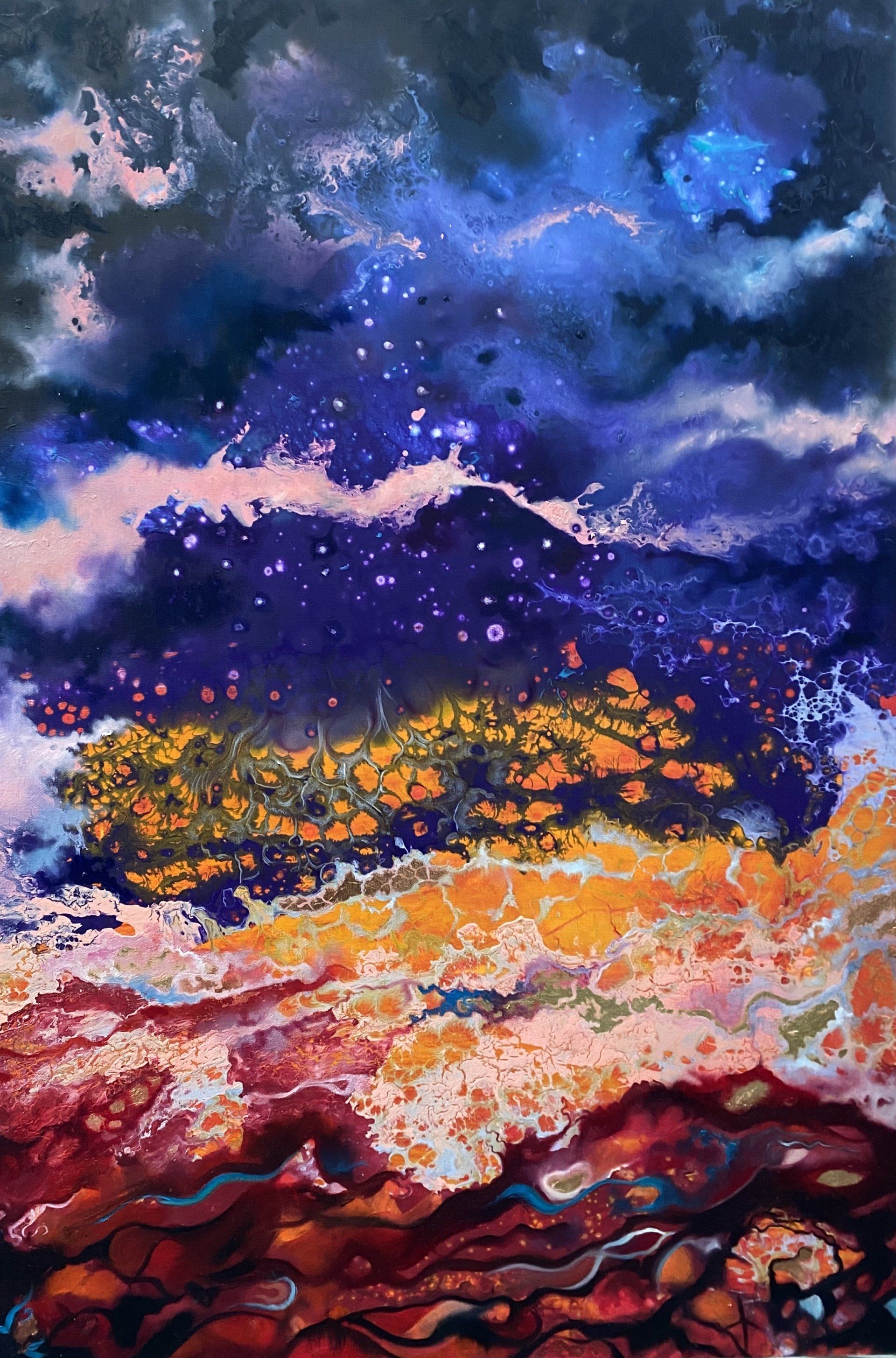 Acrylic pour base painting with added oil paint and gold and silver leaf to refine and embellish. Abstract in style with suggestions of a night sky  and landscape. Deep reds, yellows, dark blues and purples and pink
