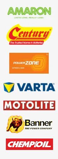 Collage of battery brand logos: Amaron, Century, PowerZone, Varta, Motolite, Banner, and Chemipol.