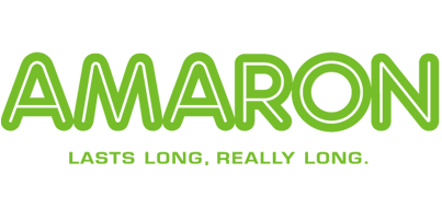 AMARON logo in bright green with the tagline “LASTS LONG, REALLY LONG.”