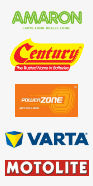 Brand logos for Amaron, Century, Pollen Zone, Varta, and Motolite stacked vertically.