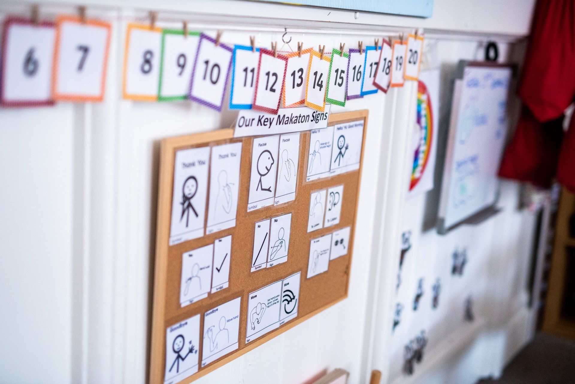 A classroom display with numbers, drawings, and a corkboard with visual aids above a white doorway.