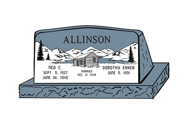 Gravestone with the name Allinson, dates, and mountain cabin scene.