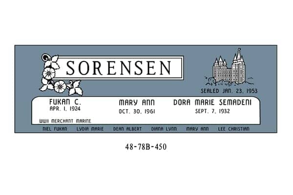 Headstone with names: Sorenson, Fukan C., Mary Ann, and Dora Marie Semot, dates of birth/death, and a floral and building design.