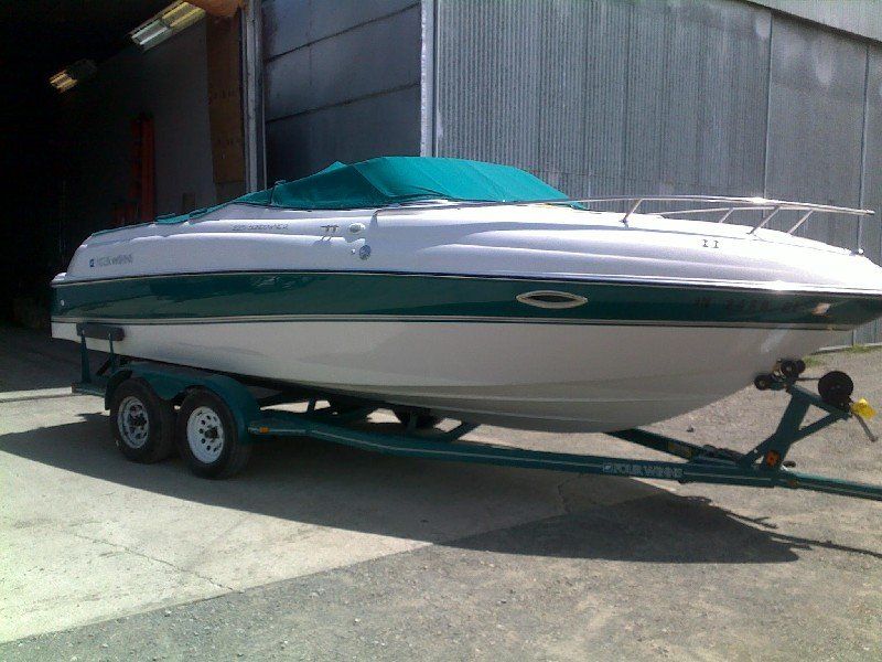 Boat gelcoat that has been repaired and is glossy and smooth