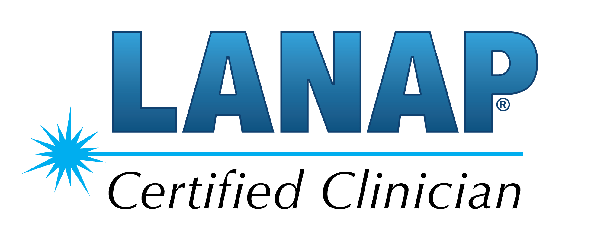 LANAP Certified Clinician logo with blue text and a laser symbol.